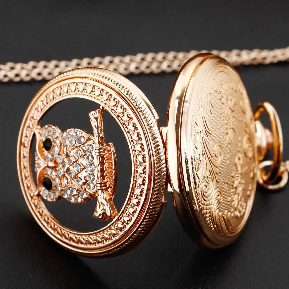 Owl and rose gold womens necklace pocket watch quartz movement pendant pocket FOB watch unisex exquisite gift W240820