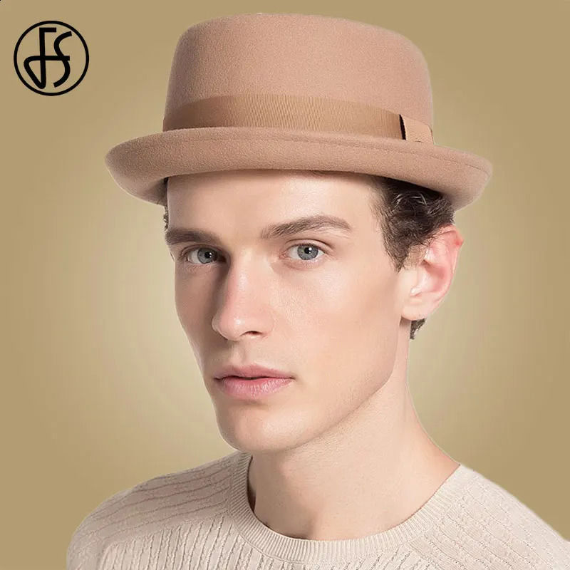FS Vintage Pork Pie Hat Men Wide Brim Wool Felt Fedora Black Hat Mans Church Jazz Ribbon Trilby Panama Gangsters Caps Gentlemen 240808CJ