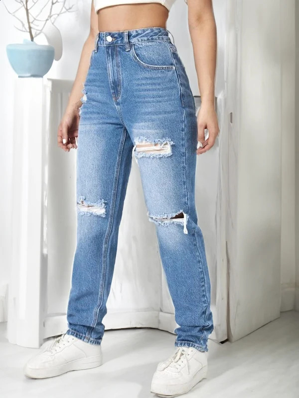 trendy womens ripped denim wide leg pants 240821