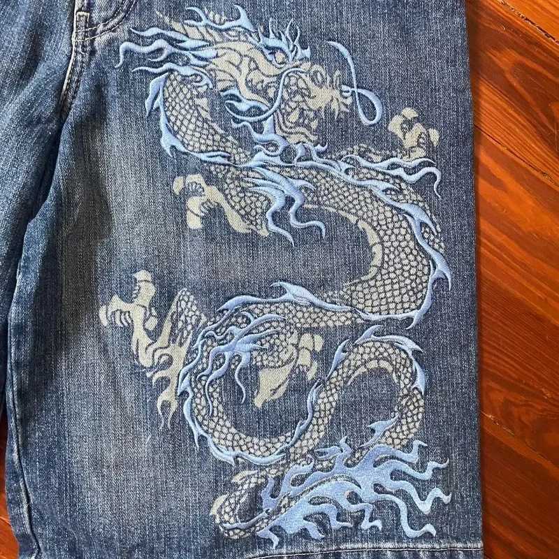 Y2k retro street fashion dragon pattern printed mens denim shorts casual loose basket shortsW240723