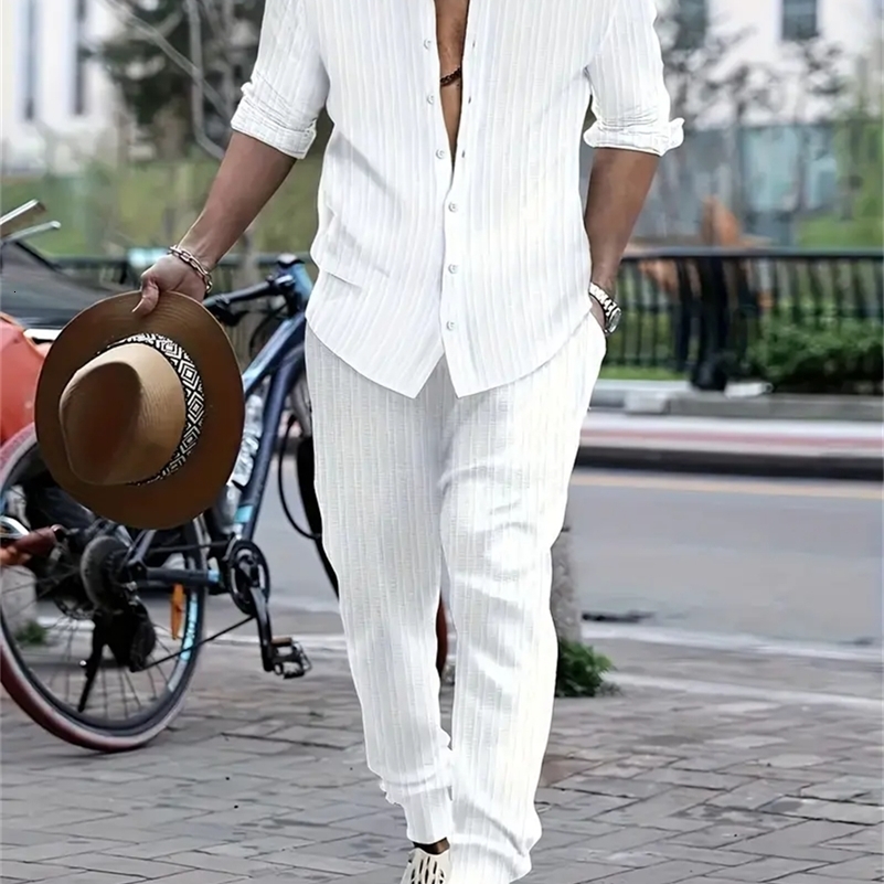 Tiki Mens Shirt Spring And Autumn Casual Shopping Solid Color Striped Long Sleeve Shirt Striped Pants Set Flash Sales 240821