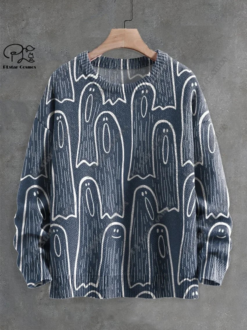3D Printing Halloween Custom Series Horror Ghost Skull Witch Black Cat Pattern Ugly Sweater Street Casual Winter Sweater W-9 240829