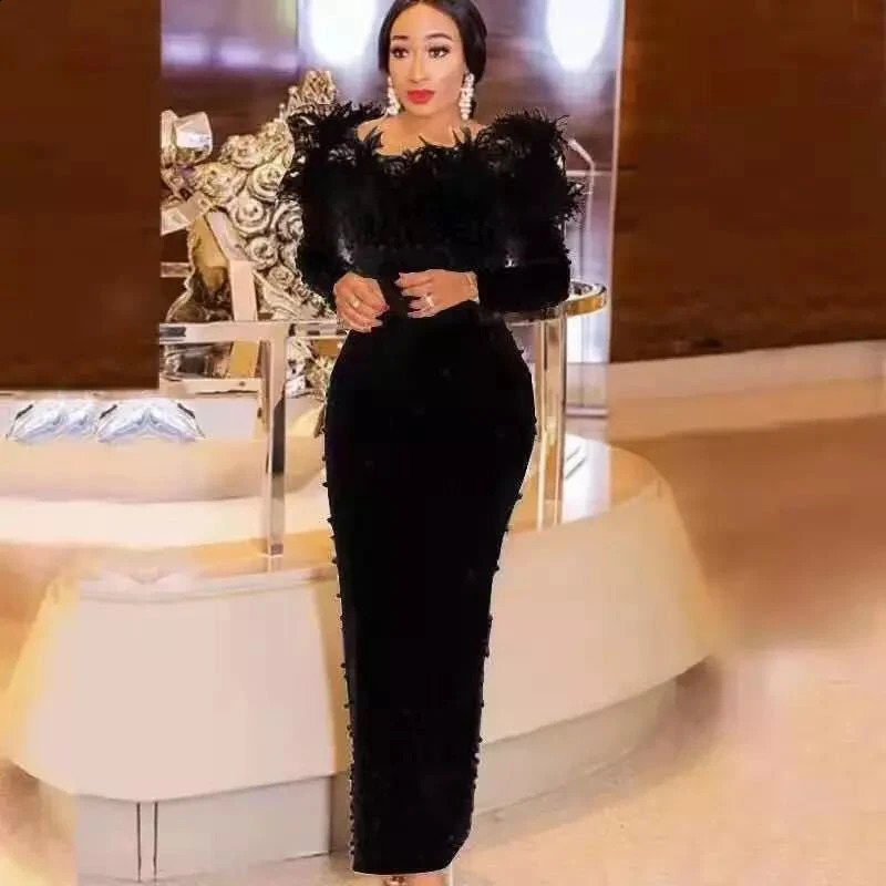 Plus Size Evening Dress Womens Spring Autumn Elegant Ultra Thin Feather Necklace Beaded Skiing Fashion Long Party Clothing 240820