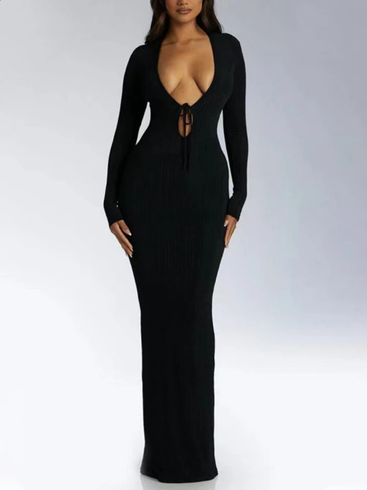 WeiYao Ribbed Long Sleeve Lace Up V Neck Maxi Dress Bodycon Sexy Y2K Streetwear Party Elegant Birthday Outfits Egirl Clothes 240815