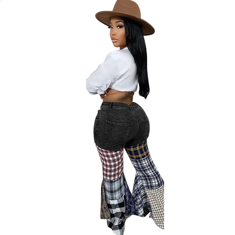 Patchwork Ruffle Flare Jeans Spring Women High Waist Plaid Printed Casual Street Jeans Trousers 240821