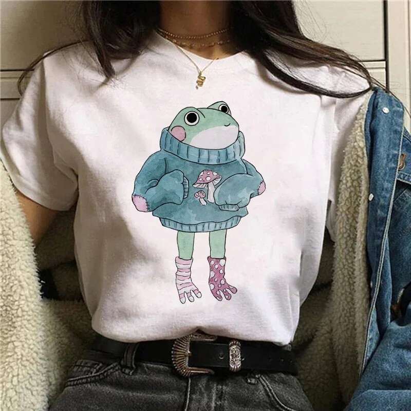 Style Academy Cartoon Frog Spring Summer Leisure Large Women's T-shirt Ulzzang Haruku Fashion Versatile Short