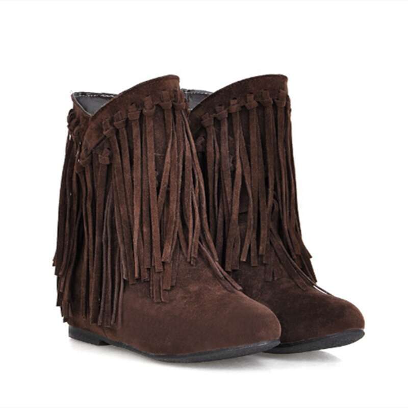 Lady High Increasing Heel Boots Short Tassel Bootie With Fur For Winter And Autumn Chunky Sole Women Warm Shoes Plus Size Brown