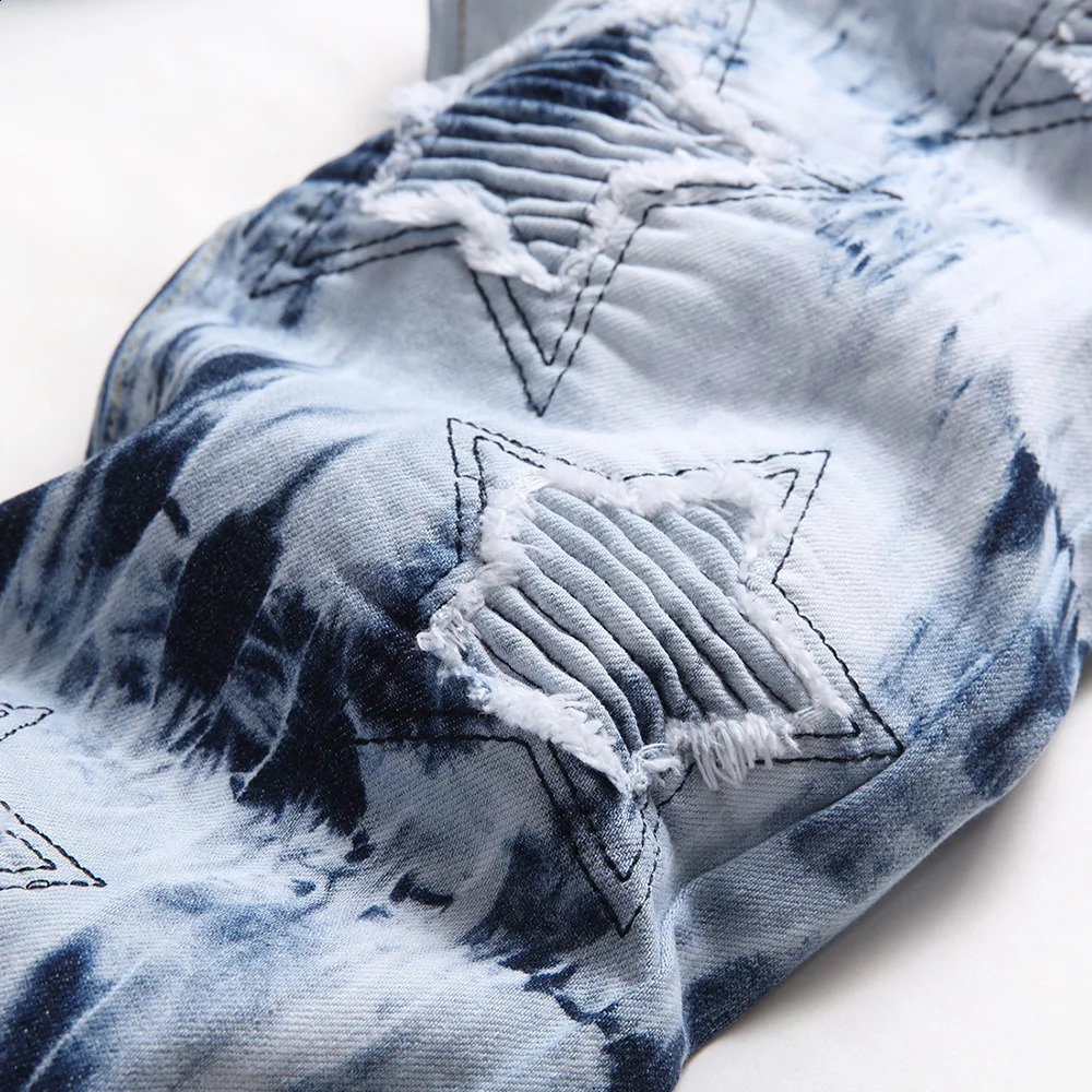 Men Pleated Stars Patch Jeans Tie and Dye Stretch Denim Pants Streetwear Printed Hem Slim Straight Trousers 240821