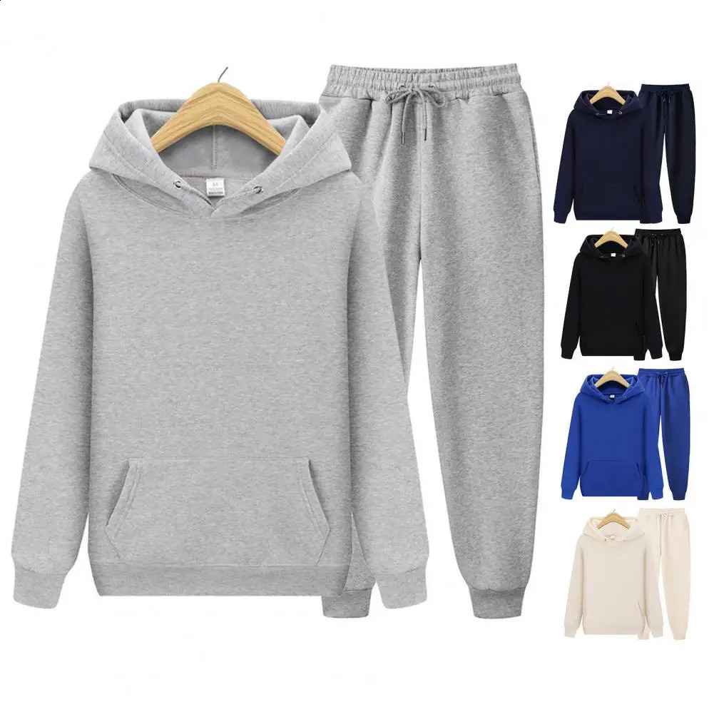 2Pcs/Set Men Track Suit Set Hooded Drawstring Long Sleeve Sweatshirt Elastic Waist Pants Set Casual Workout Sportwear 240821