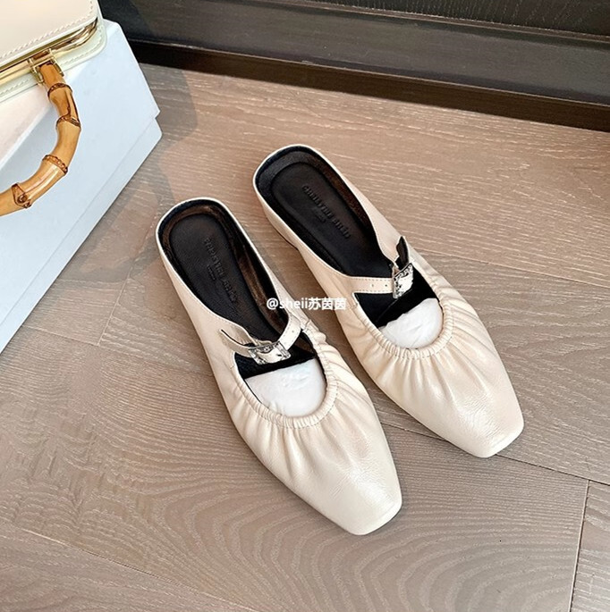 Ddmysports Su Yinyin S New Summer Square Head Calf Leather Pleated Bun Toe Thick Heel Slippers Women Semi Trailer For External Wear OUTDOOR