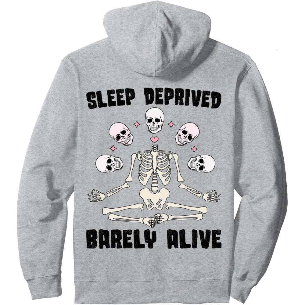 Hoodie for Mens Womens Funny Skeleton Sleep Deprived Barely Alive Halloween Skull Pullover Hoodie Hoodies Sweatshirt pullover jacket Long sleeve size 