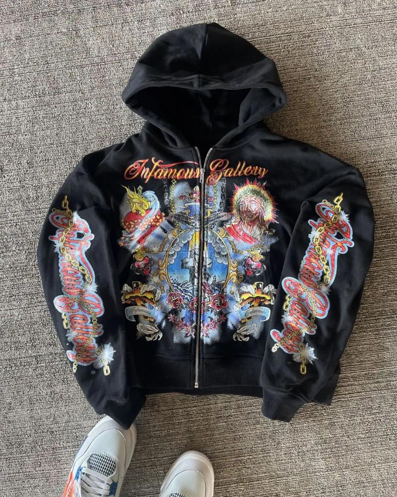 Men's Hoodies Premium Design Zipper Cardigan Sweatshirt For MenPunk Hip Hop Prints Style Summertime And Autumn Vintage Hooded Outerwear