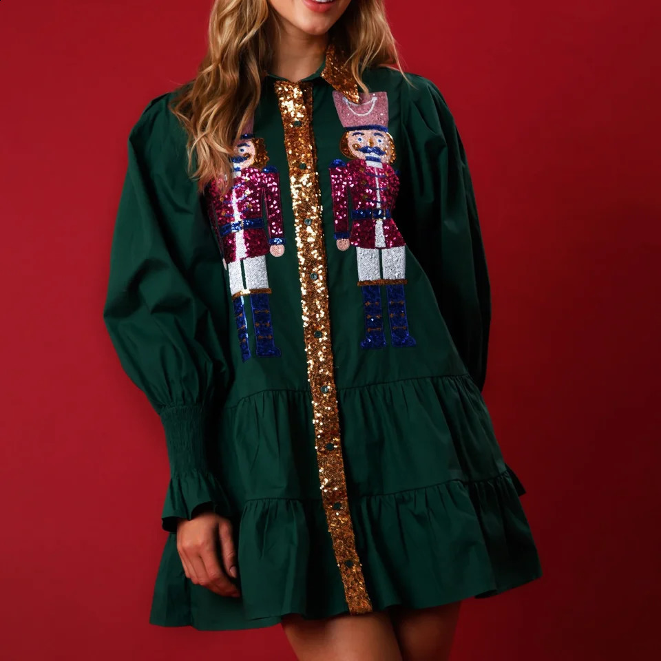 Women Christmas Sequin Nutcracker Dress Fashion Long Sleeve Tiered Glitter Nutcracker Print Holiday Party Mini Shirt Dresses 240821