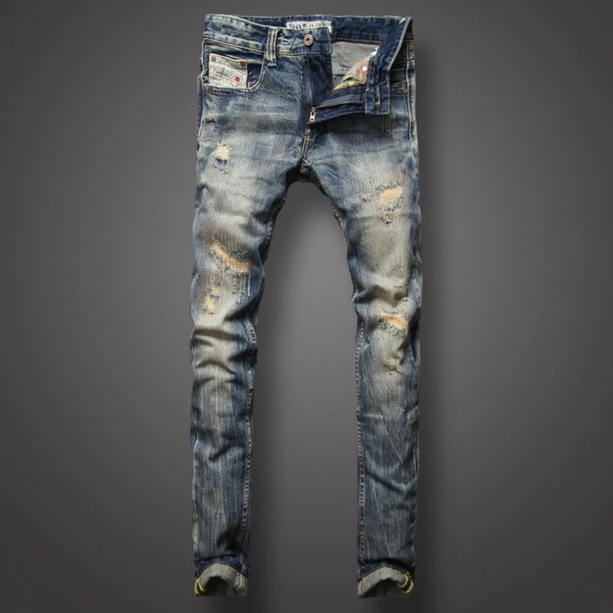 Spring and Autumn Fashion Casual Solid Color Vintage Ripped Jeans Mens Slim Comfortable Elastic High-Quality Jeans 240821