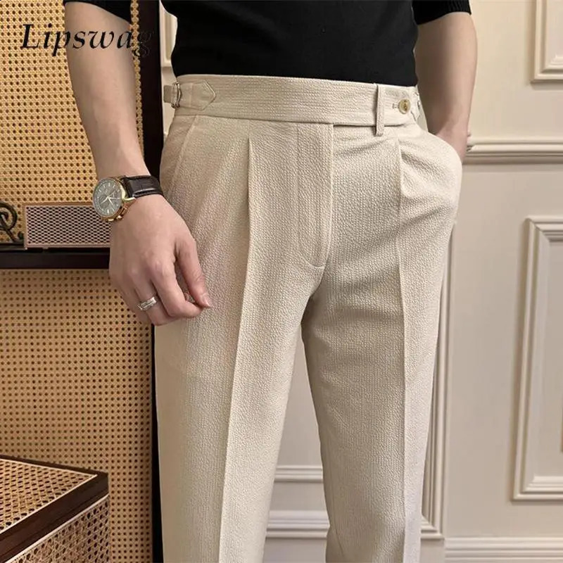 Naples Style Suit Trousers Men Stylish High-waisted Belt Slim Straight Pants Mens Fall Vintage Solid Color Casual Pants 240820