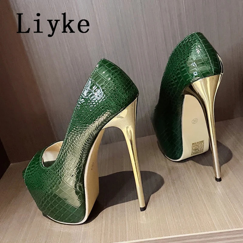 Liyke 2024 Green High Heels Women Platform Sandals Sexy Snake Print Peep Toe Club Stripper Pole Dance Shoes Pumps Size 35-42 240819