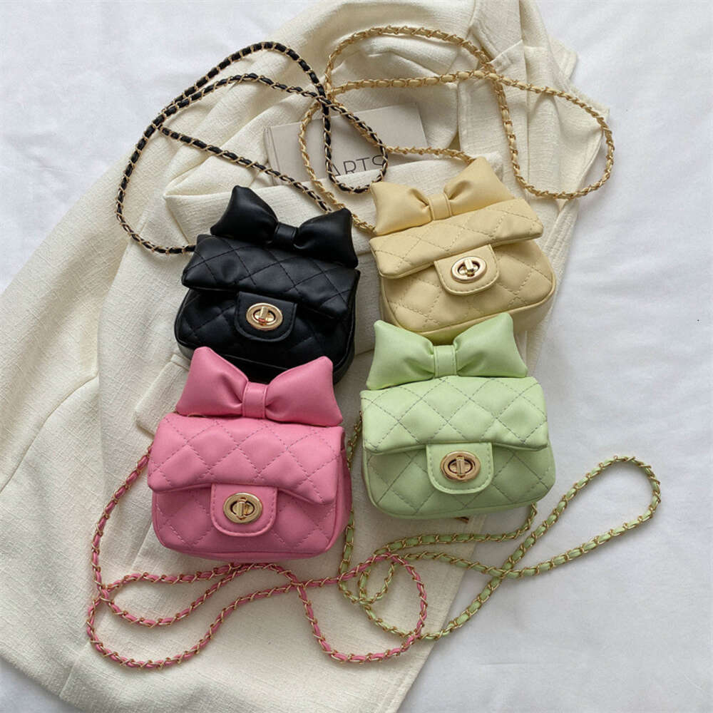 New children's with bow, coin purse, embroidered thread, small fragrant style, diamond grid bag, stylish girl's chain crossbody bag F15.2-08