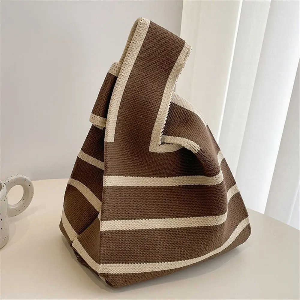 Wide Stripe Handmade Knit Handbag Women Fashion Casual Knot Wrist Bag Student Plaid Tote Reusable Shopping Bags Storage 241227