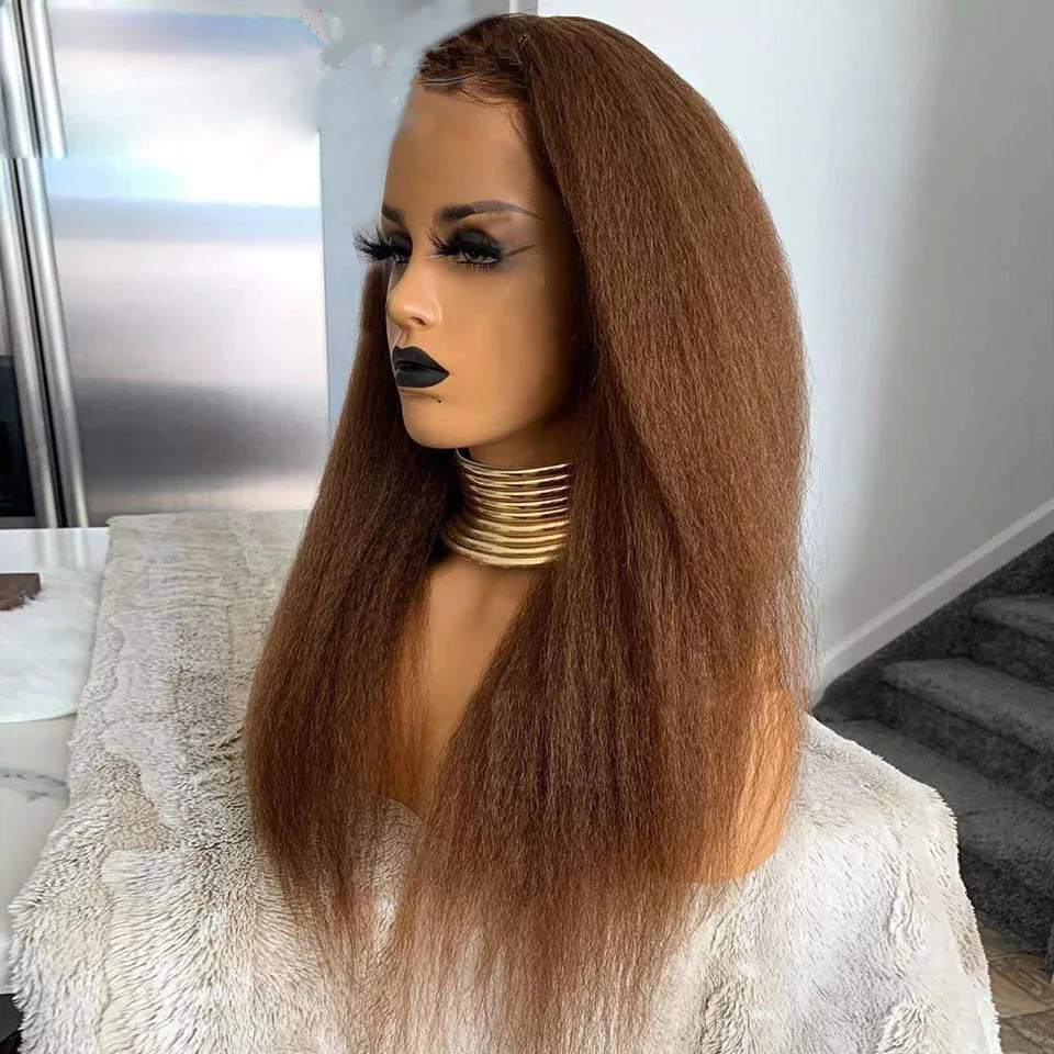 Dark Chocolate Brown 100% human V Part Wigs Yaki Straight raw virgin Hair Glueless Kinky Straight v Shape Wig