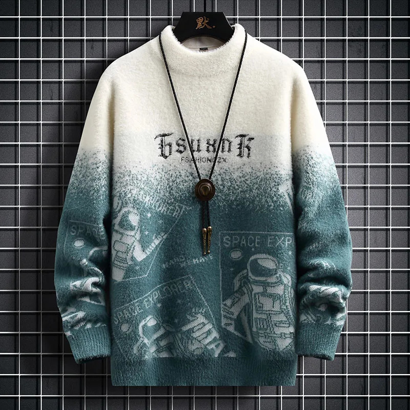 Mens Autumn Winter Harajuku Sweater Mens Casual Loose Print Cashmere Mock Neck Knitted Pullover High Street Outdoor Sweatshirt 240821