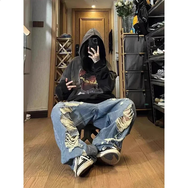 Deeptown Y2k Baggy Ripped Jeans Women Low Rise Gyaru Wide Denim Pants Daddies Streetwear Grunge Hippie Korean Fashion Trousers 240821