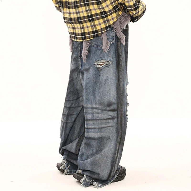 PFNW American Chic Niche n Street Jeans Men Vintage Dirty Dye Spray Painted Ripped Hole Loose Wide Leg Pants Autumn 28W4396 240821