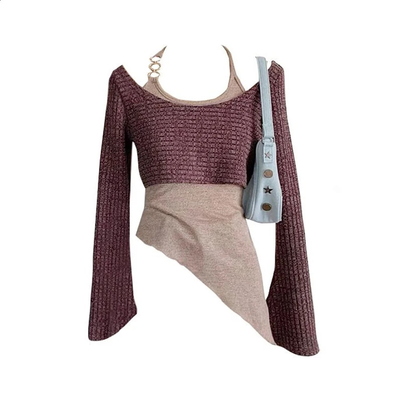 Womens Grey Pullover Knitted Sweater Vintage Harajuku 2000s Fashion Elegant Casual Long Sleeve Sweater Top 90s Clothes Autumn 240820