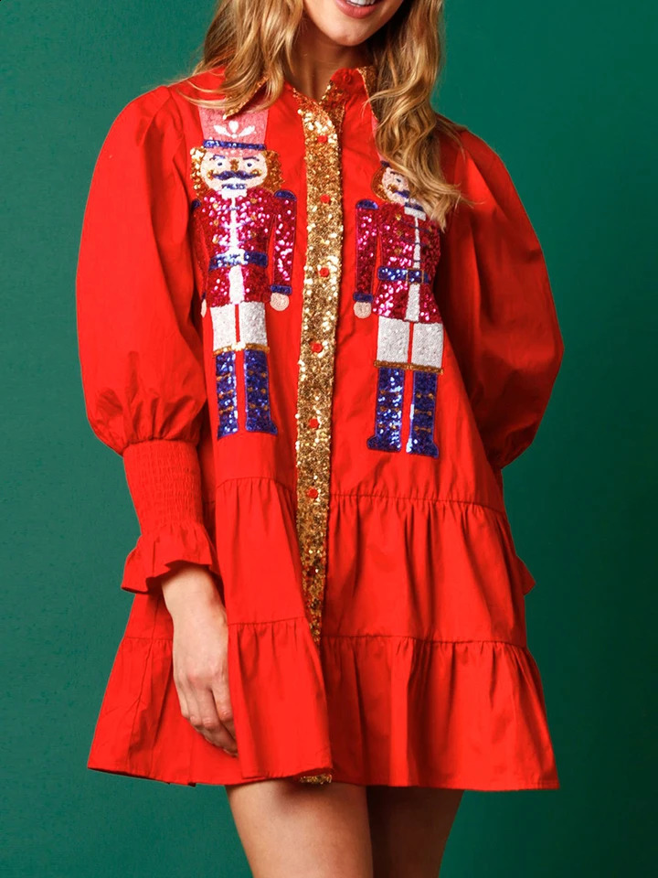 Womens Sequin Christmas Outfit Holiday Nutcracker Sequin Tiered Dress Sweatshirt Merry Christmas Mini Shirt Dress o240821