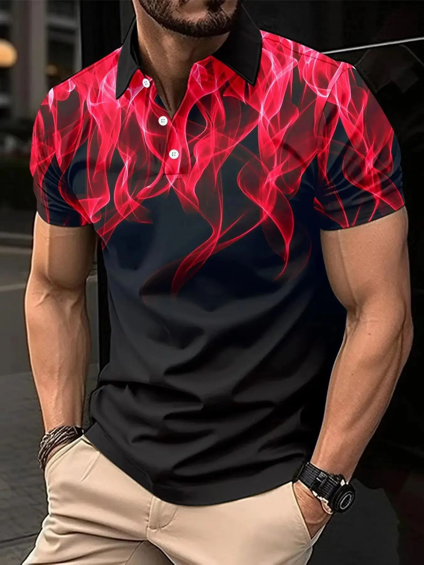 2024 Cross border Mens Casual POLO Shirt Flip Collar Button Business Digital Print Versatile Mens Shirt Tiki selling 240821