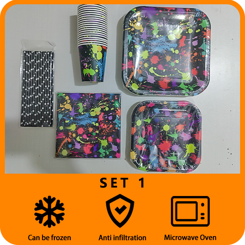 Spray painted birthday decoration tableware set suitable for watercolor themed party birthday supplies