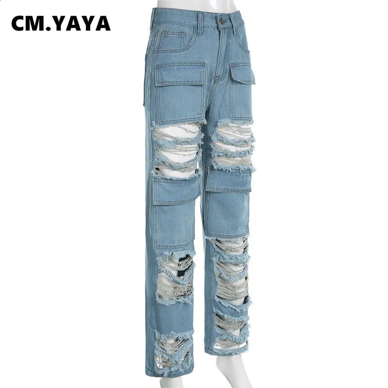 CMYAYA Women Ripped Hollow Out Tassel Pocket Front Safari Style Jeans Summer INS Strt Denim Pants Trousers Z260313