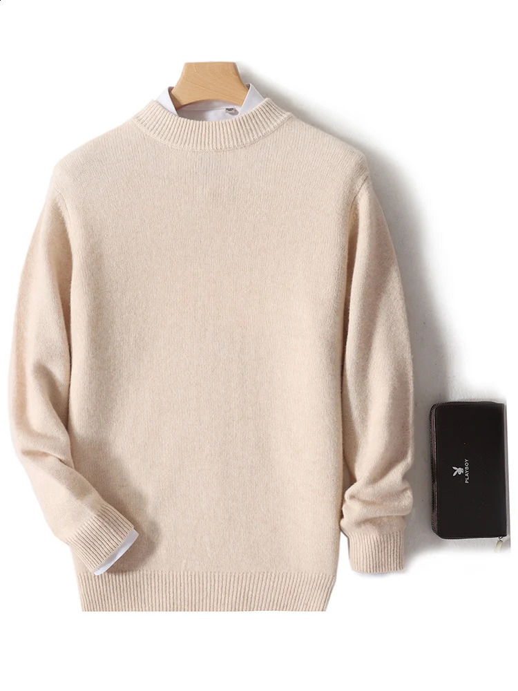 Mens Mock Neck Long Sleeve Pullover Sweater Autumn Winter Thick Basic Smart Casual Jumper 100% Merino Wool Knitwear Tops 240821