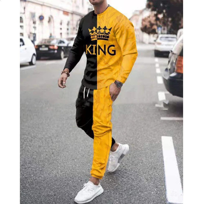 Autumn mens long sleeved T-shirt set sports pants 3D printed casual mens clothing fashionable oversized sportswear 2-piece set 240827