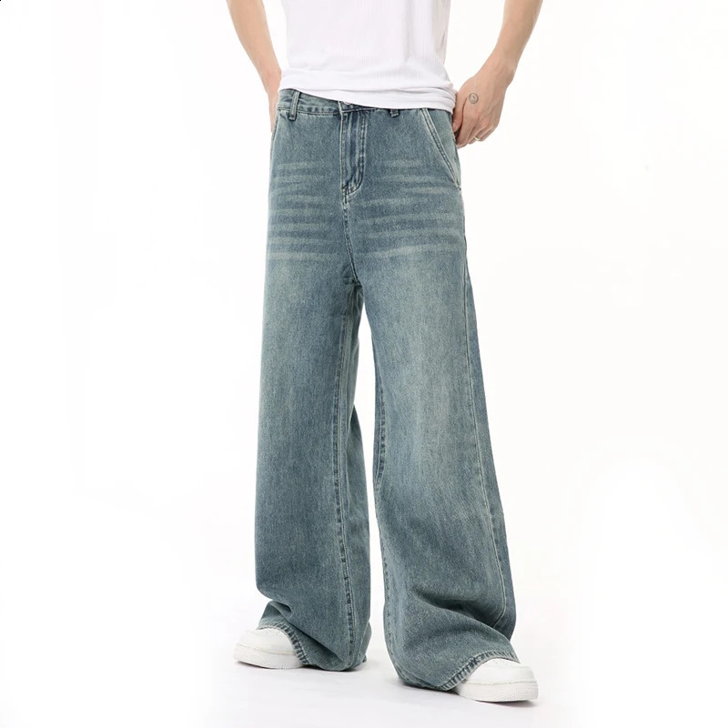 IEFB Korean Style Male Denim Pants Draping Straight Wide Leg Loose Washed Mens Casual Jeans Summer Trendy 9C6676 240821