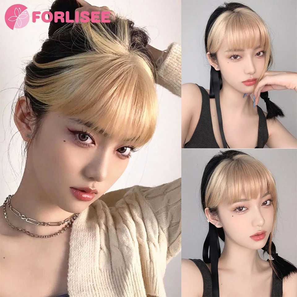 Forlisee synthetic 3D French bangs wig with natural seamless forehead invisible pink highlights top-notch hair stickers air bangs W240817