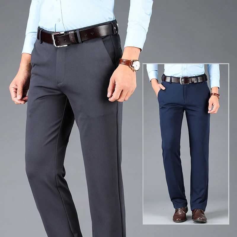 Mens elastic casual pants business suit pants black office straight pants large brand mens navy blue mens casual pants spring and summerW240725