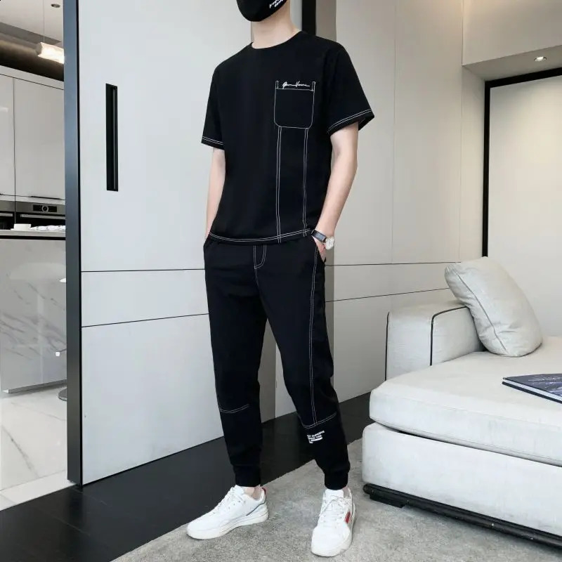 Male T Shirt Pants Sets Korean Style Black Fashion Top Slim Fit Fashion Essential Cotton In Matching Xl Clothes for Men 240821