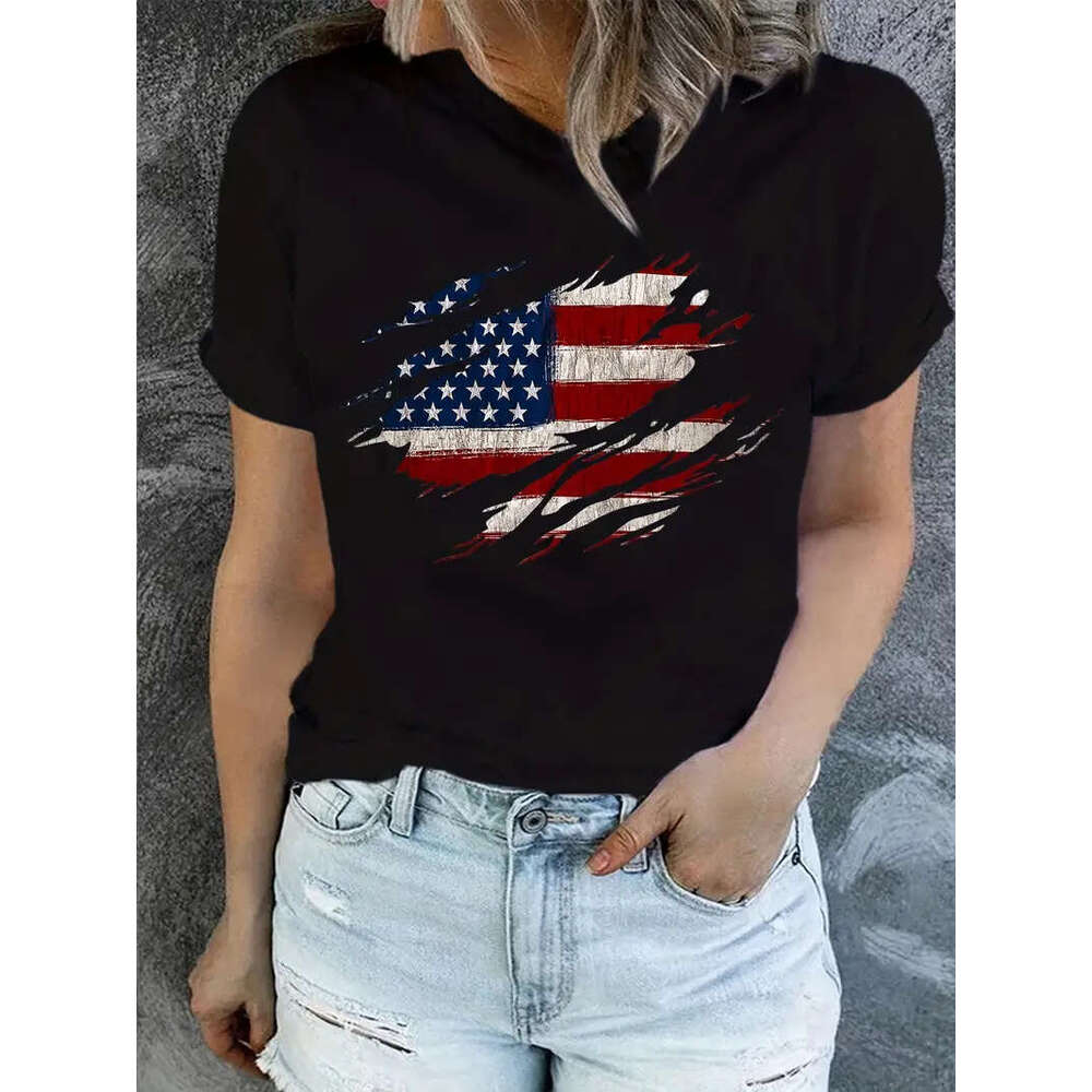 Flag American Print T-Shirt, Independence Day Short Sleeve Crew Neck Casual Top For Summer & Spring, Women's Clothing