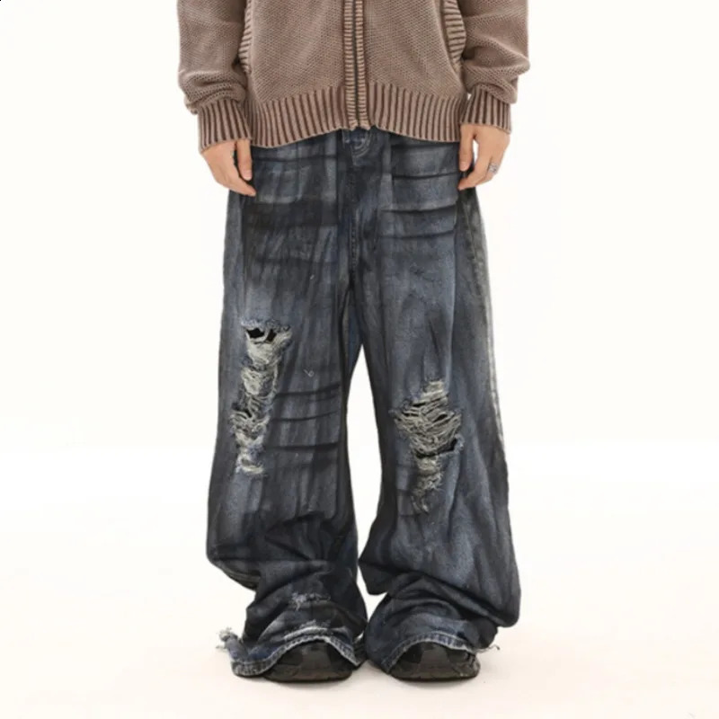 PFNW American Chic Niche n Street Jeans Men Vintage Dirty Dye Spray Painted Ripped Hole Loose Wide Leg Pants Autumn 28W4396 240821
