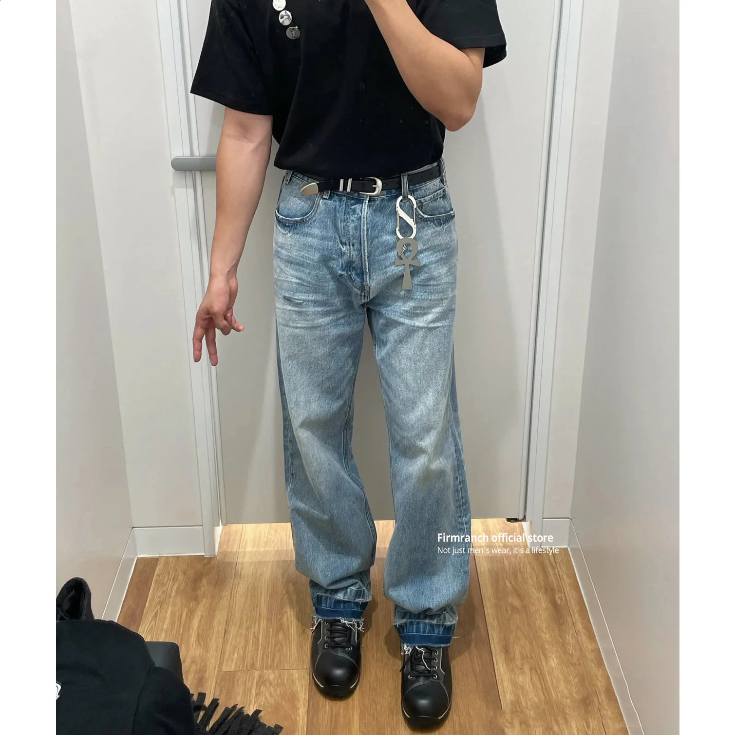 Firmranch Top Wash Blue Ripped Jeans For Men Women Straight Denim Pants Cats Whisker Streetwear Trousers 240821