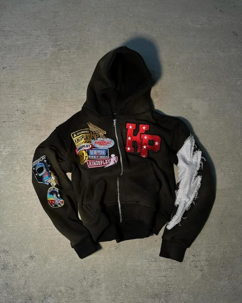 Fashionable Y2k Harajuku Retro Jacket Letter Embroidered Zipper Sweatshirt Vintage Men Fashion Versatile Oversized Hoodie 240821