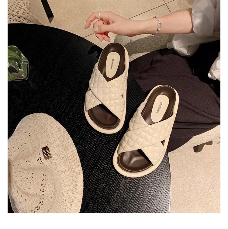 Ddmysports Grape Mom S Same Style Summer New Soft Glutinous Diamond Grid Cross Belt Flat Bottomed Color Blocking External Slippers Women Leather OUTDO