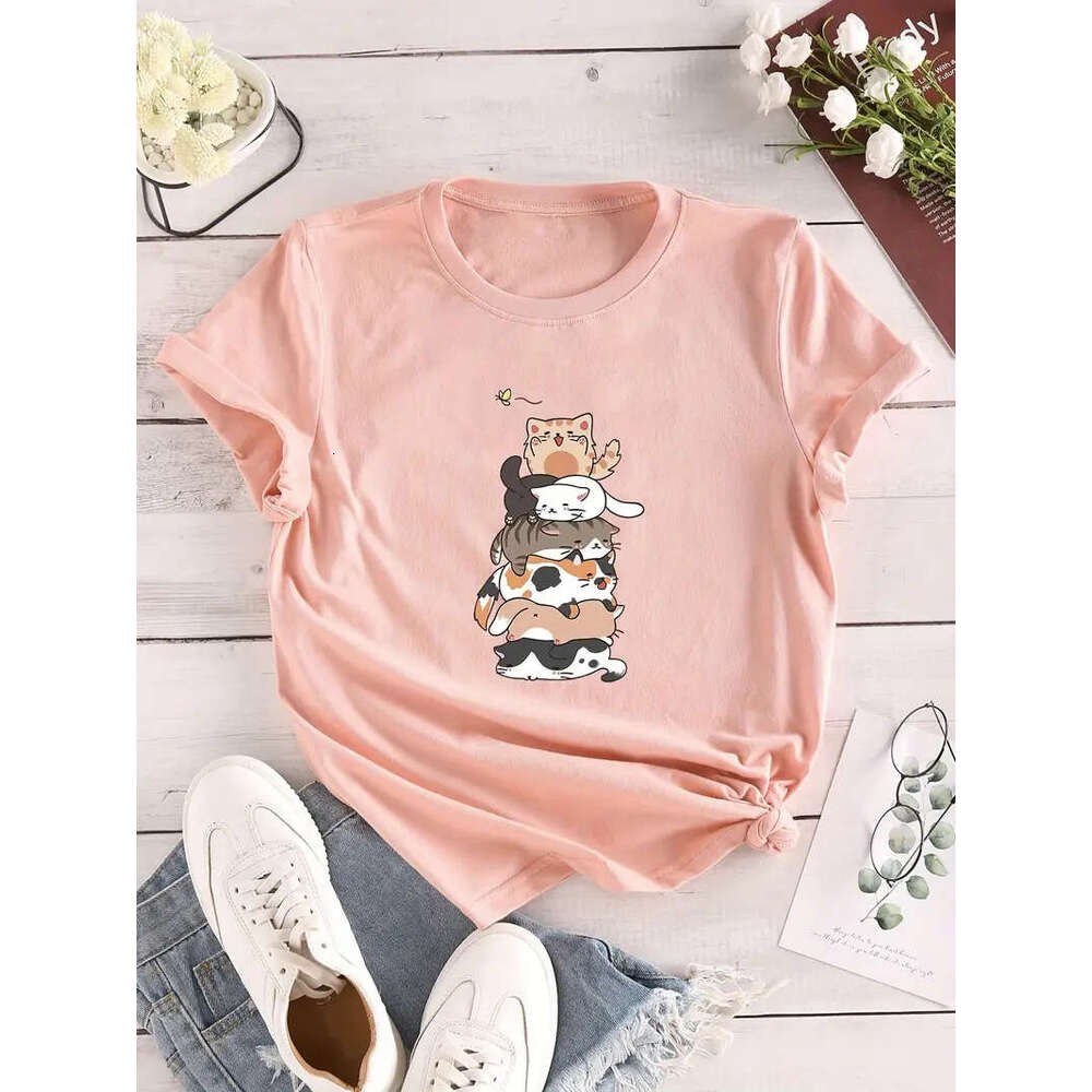 Print Cat Crew Neck T-Shirt, Casual Short Sleeve T-Shirt For Spring & Summer, Women's Clothing