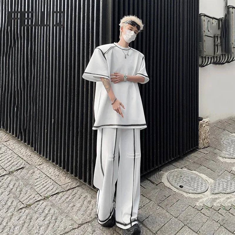 FEWQ Men Sets Line n Painting Shoulder Pad Short Sleeve Contrast Color Wide Leg Pants Korean Fashion Darkwear 24X9169 240821