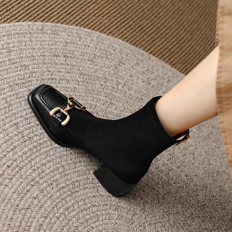 Ddmysports Fengma Style Buckle Square Toe Low Heel Slim Boots Autumn New Elastic Suede Zipper Short OUTDOOR