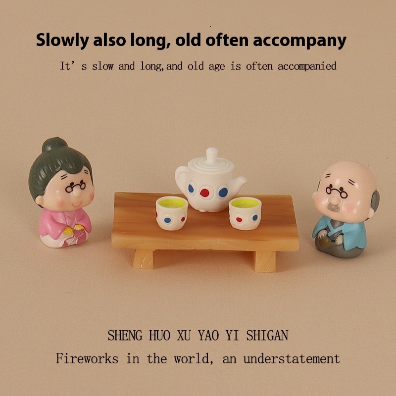 Resin Creative Crafts Mini Tea Set Elderly Doll Office Desktop Small Ornament Micro Landscape Home Scene