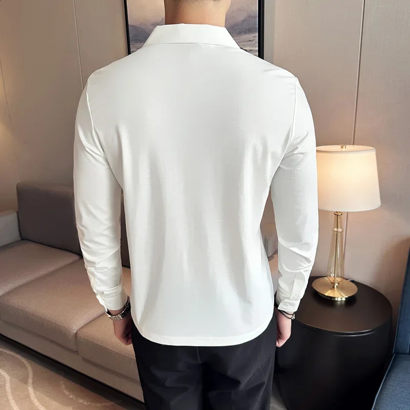 High Elastic Slim Fit T-shirt for Mens 2024 Autumn Ice Silk Seamless Long Sleeve Solid Casual V-neck Polo Shirt Men Clothing 240821