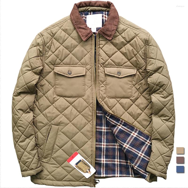 Men's Jackets Vintage Padded Barn Men Autumn Winter Flannel Lined Quilted Coat Argyle Lapel Waterproof Work Cargo Jacket Casual Pocket