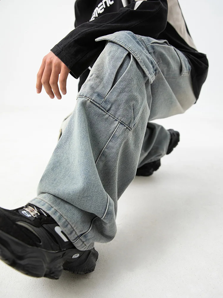Autumn Cottom Men Cargo Jeans Baggy American High Street Multi-pocket Youth Overalls Fashion Streetwear Vintage Wide Leg Pants 240821