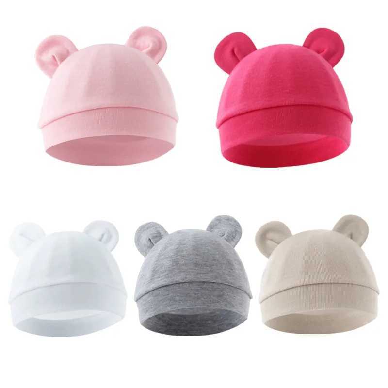Solid Color Thin Baby Nursery Beanie Cartoon Bear Ear Cotton Newborn Fetal Bonnet For 0-3 Months Baby Hat Baby Accessories M240821